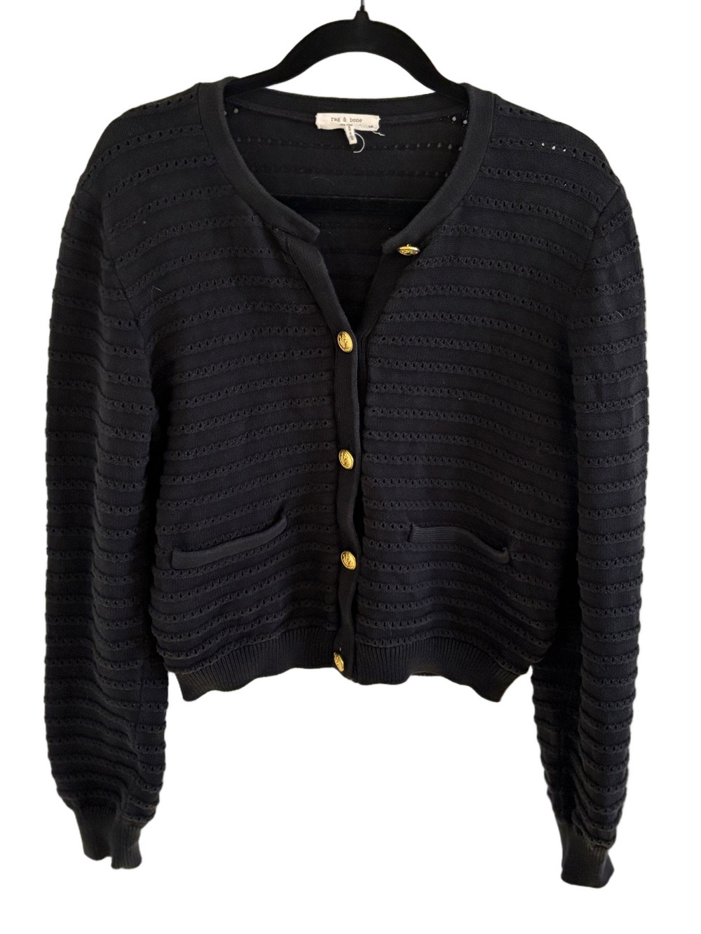 Rag & Bone Marlee Black Knit Cardigan Gold Buttons Organic Cotton L/G - Picture 8 of 14